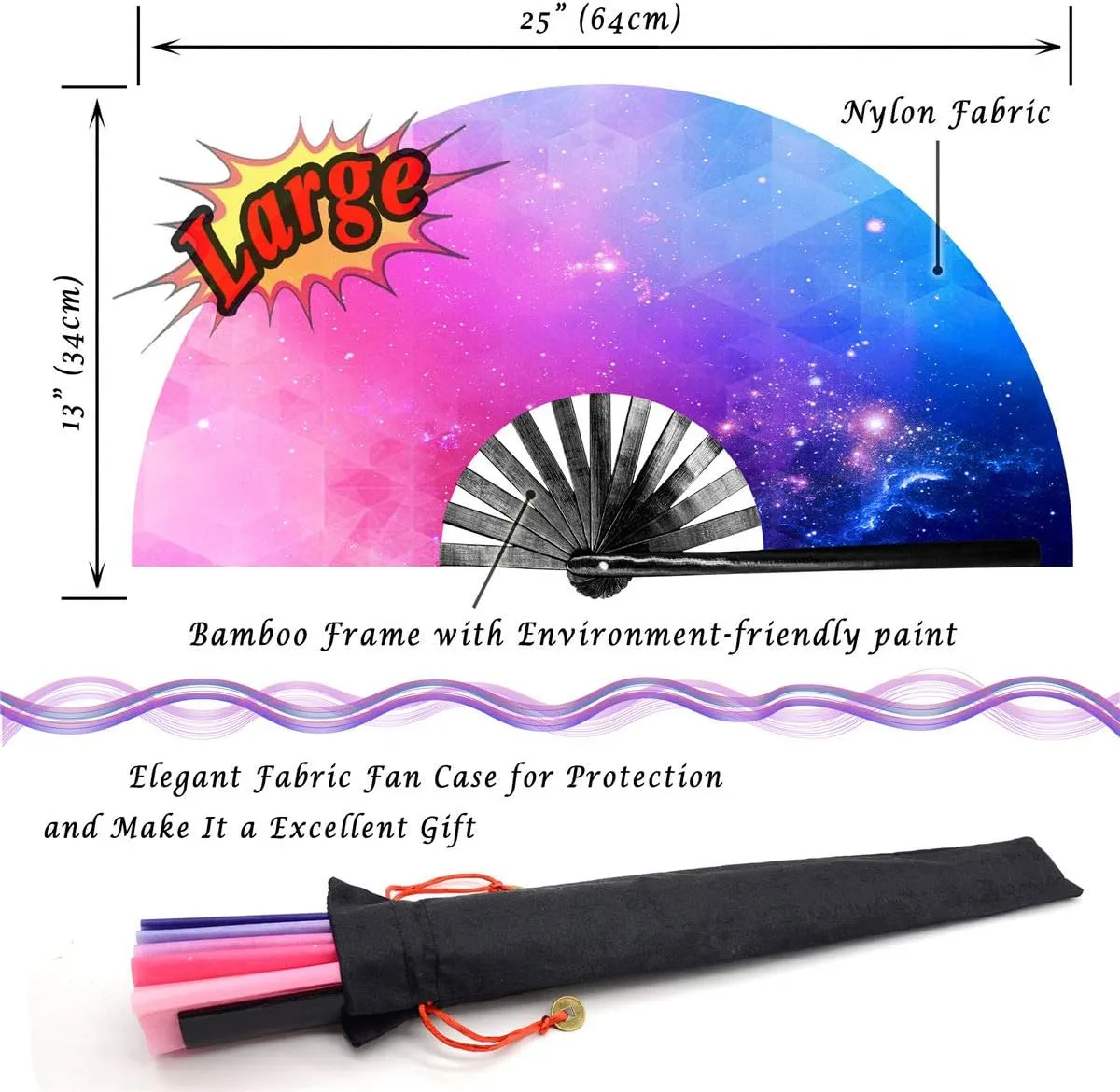 Zolee Large Rave Folding Hand Fan with Bamboo Ribs for Men/Women - Chinese Japanese Handheld Fan with Fabric Case - for Dance Music Festival Party, Performance, Decorations, Gift (Galaxy)