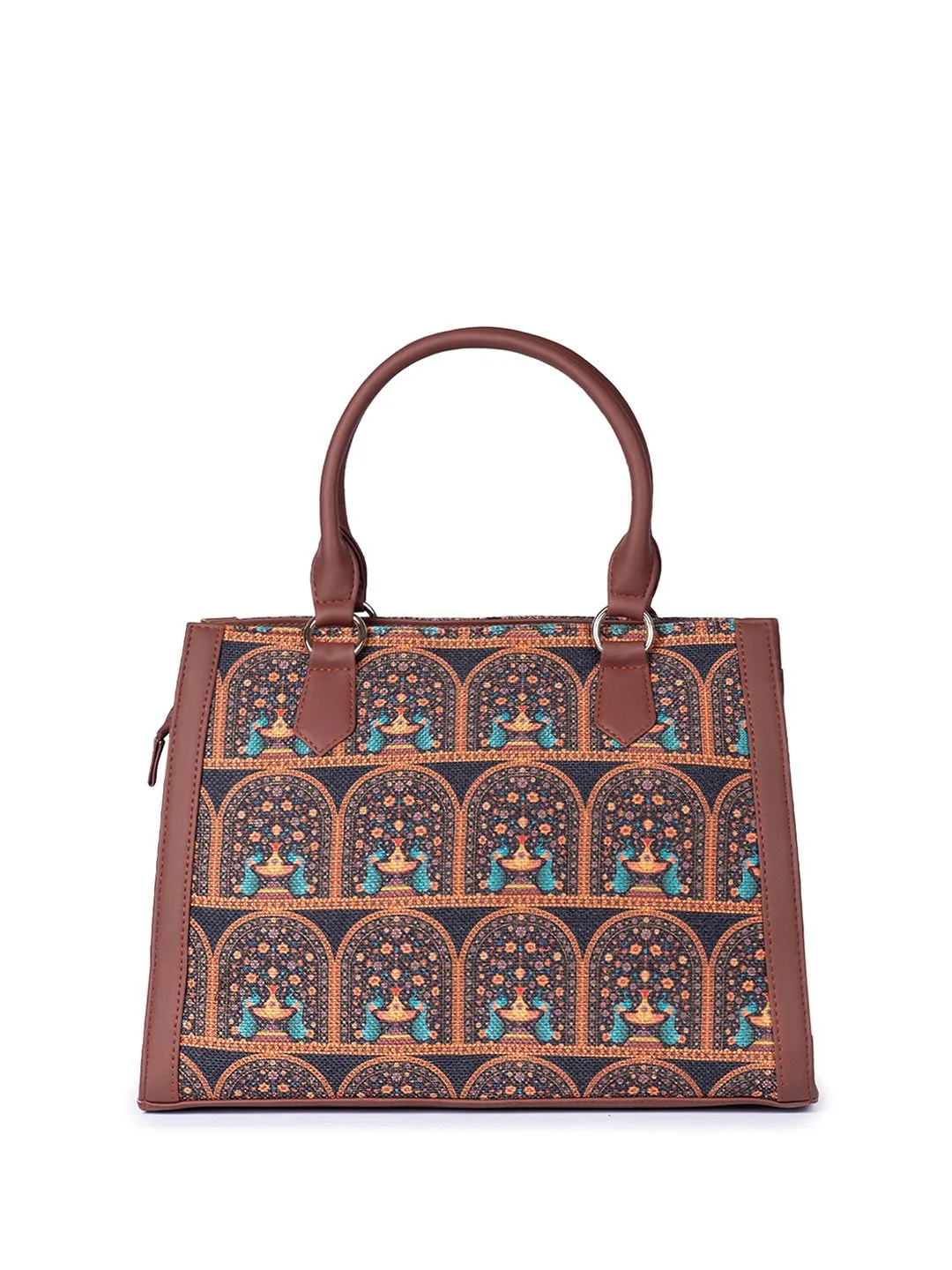 ZOUK Ethnic Motifs Printed Structured Jute Handheld Bag
